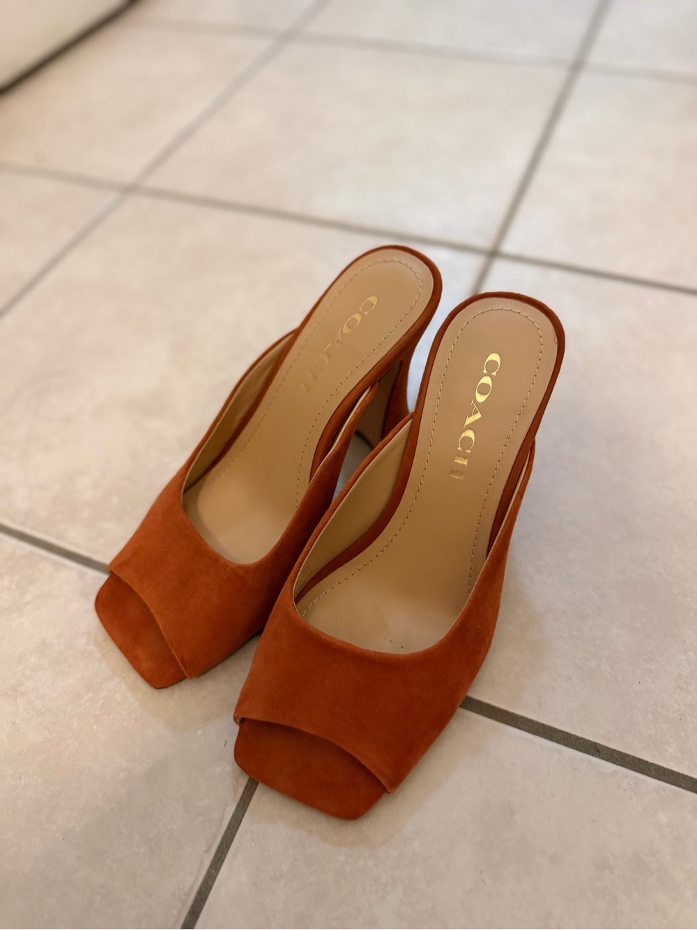 Coach Open-Toe Suede Mule in Rust Brown